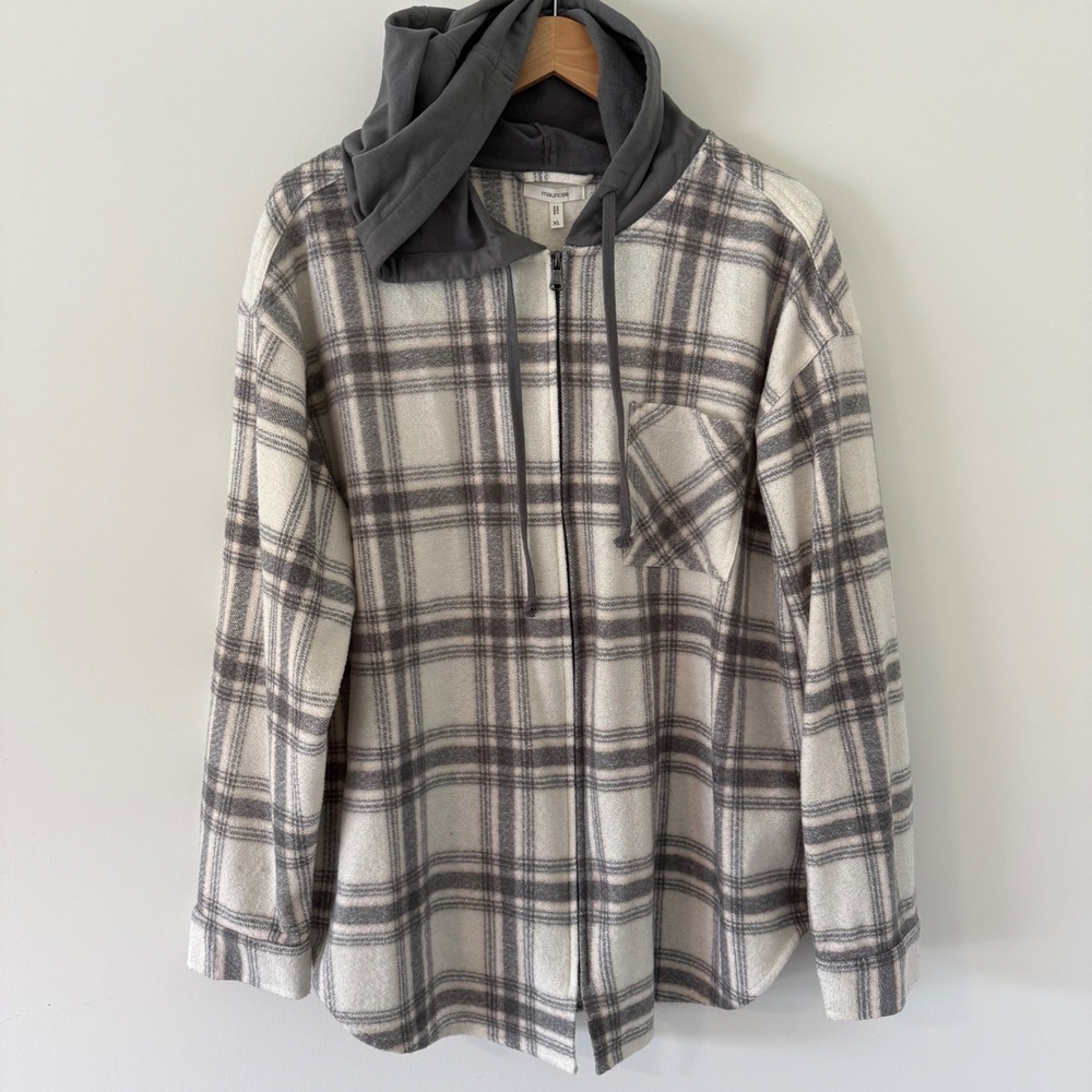 Maurices Womens XL Plaid Hooded Zip Up Shacket Ivory Grey Flannel Hoodie 816409